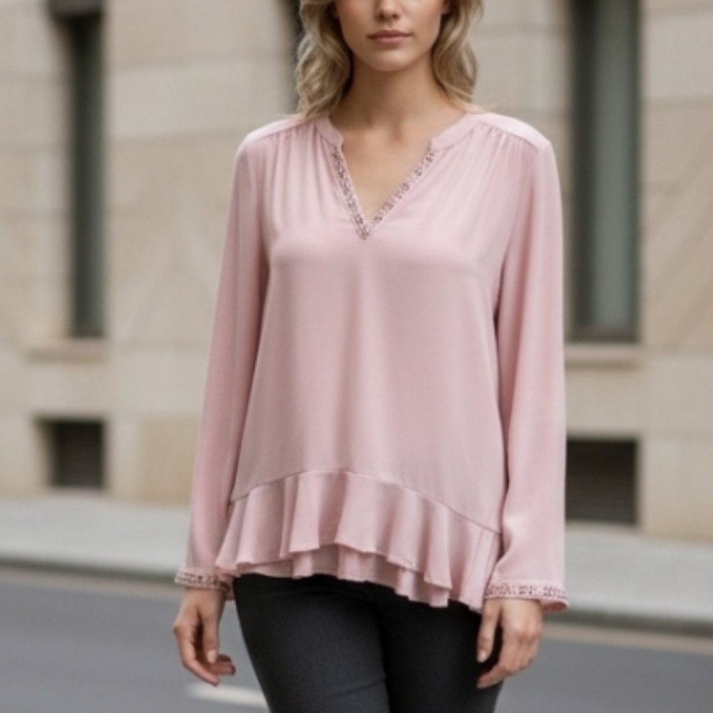 NY Collection Womens Blouse Medium Petite Rose Pink Zephy Studded V-Neck & Cuffs